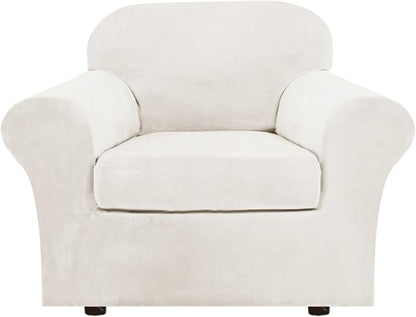 H.VERSAILTEX Rich Velvet Stretch 2 Piece Chair Cover Chair Slipcover Sofa Cover Furniture Protector Couch Soft with Elastic Bottom Chair Couch Cover Width Up to 49 Inch (Chair, Porcelain White)