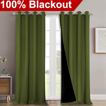 NICETOWN 100% Blackout Blinds, Set of 2, 46" x 102", Olive Green, Laundry Room Decor Window Treatment Curtains for Large Patio Sliding Door, Thermal Insulated Curtains for Bedroom