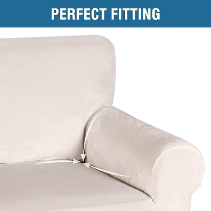 H.VERSAILTEX Stretch Velvet Sofa Covers for 3 Cushion Couch Covers Furniture Protector Soft with Non Slip Elastic Bottom, Crafted from Thick Comfy Rich Velour (Large Sofa 90"-97", Ivory)