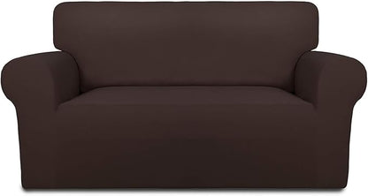 PureFit Super Stretch Sofa Slipcover – Spandex Non Slip Soft Couch Sofa Cover, Washable Furniture Protector with Non Skid Foam and Elastic Bottom for Kids, Pets （Loveseat, Chocolate）