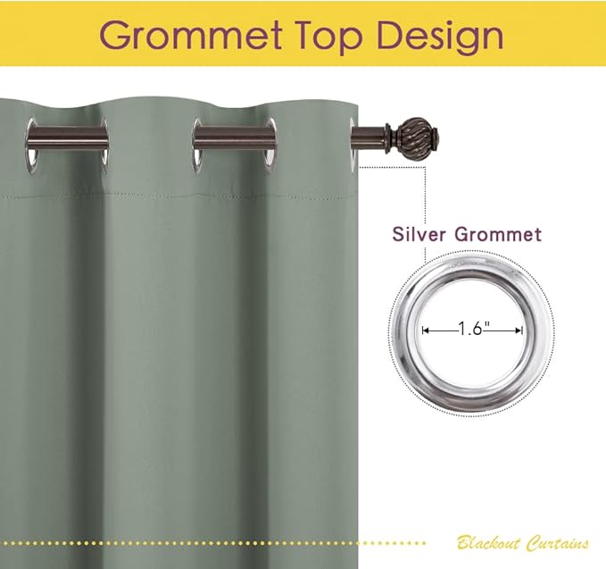 NICETOWN Blackout Draperies Curtains for Kids Room, Window Treatment Thermal Insulated Solid Grommet Blackout Drape Panels for Bedroom (Greyish Green, Set of 2, 70 by 84 inches)