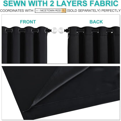 NICETOWN Complete 100% Blackout Curtains, Thermal Insulated & Energy Efficiency Window Draperies with Black Liner, Noise Reducing Short Curtains for Kids Room (Black, 62-inch W by 63-inch L, 2 Panels)