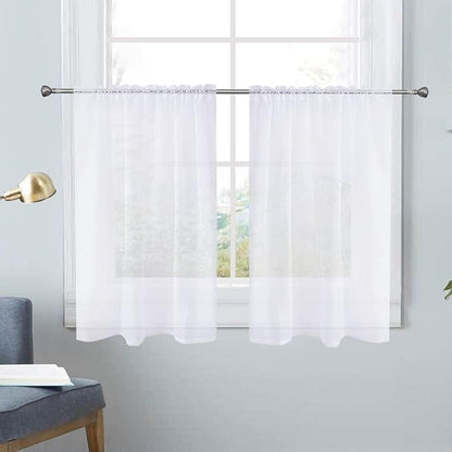 SpaceDresser White Kitchen Sheer Valance Curtains 24 Inch, Voile Sheer Cafe Curtains for Bathroom Farmhouse Country Light Filtering Short Window Curtain 1 Pair 2 Panels(White,26 W x 24 L)