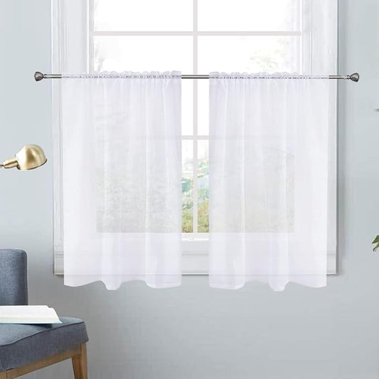 SpaceDresser White Kitchen Sheer Valance Curtains 24 Inch, Voile Sheer Cafe Curtains for Bathroom Farmhouse Country Light Filtering Short Window Curtain 1 Pair 2 Panels(White,26 W x 24 L)