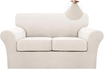 Turquoize 3 Piece Sofa Covers for 2 Cushion Couch Loveseat Slipcover Soft Couch Cover for Dogs-Washable Sofa Furniture Cover with 2 Individual Cushion Covers, Thick Jacquard Fabric (Loveseat, Ivory)