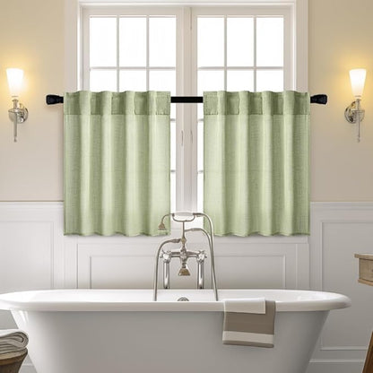 MIULEE Sage Green Kitchen Curtains 24 Inch Length 2 Panels, Soft Thick Linen Textured Semi Sheer Light Filtering Short Cafe Tier Curtains for Small Half Window Bathroom Laundry Back Tab Rod Pocket