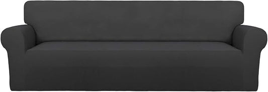 PureFit Super Stretch 4 Seater Sofa Slipcover – Spandex Non Slip Soft Couch Sofa Cover, Washable Furniture Protector with Non Skid Foam and Elastic Bottom for Kids, Pets （XX Large, Dark Gray）