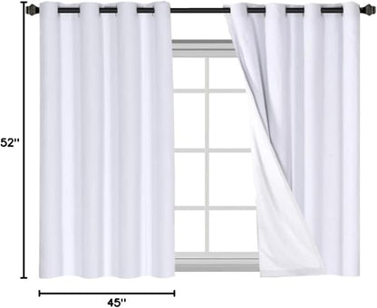 H.VERSAILTEX Linen Blackout Curtains 45 Inches Long 100% Blackout Thermal Insulated Textured Linen Look Curtain Draperies Anti-Rust Grommet, Energy Saving with White Liner, 2 Panels, Bright White