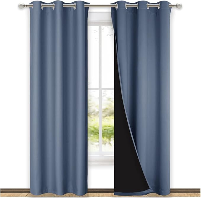 NICETOWN 100% Blackout Curtains Thermal, Stone Blue, 1 Pair, W37 x L80, Noise Reduction and Privacy Curtains for Patio Door, Black Lined Blackout Drapes with Grommet Top