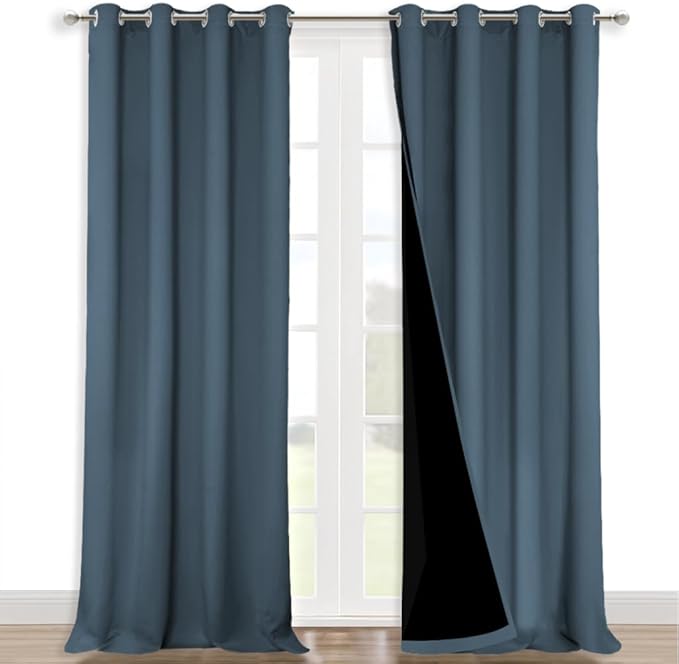 NICETOWN Full Shading Curtains for Windows, Smoky Blue, Pack of 2, 52 inches W x 95 inches L, Super Heavy-Duty Black Lined Blackout Curtains for Bedroom, Privacy Assured Window Treatment