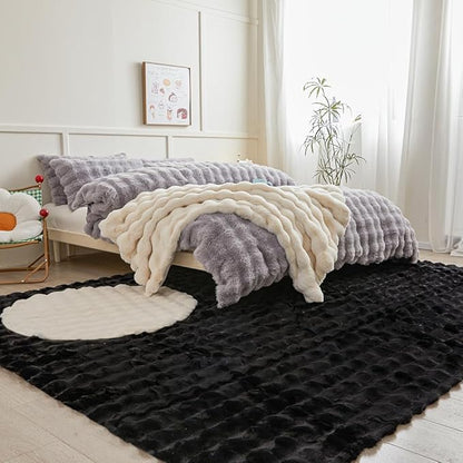 Black Rabbit Plush Rug 8'x10', Fluffy Faux Fur Shaggy Area Rug for Nursery, Kids Room Decor, Soft Fuzzy Carpet for Living Room, Bedroom, Teen Girls Room