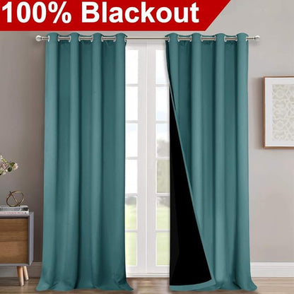 NICETOWN 100% Blackout Blinds, Set of 2, 46" x 102", Sea Teal, Laundry Room Decor Window Treatment Curtains for Large Patio Sliding Door, Thermal Insulated Curtains for Bedroom