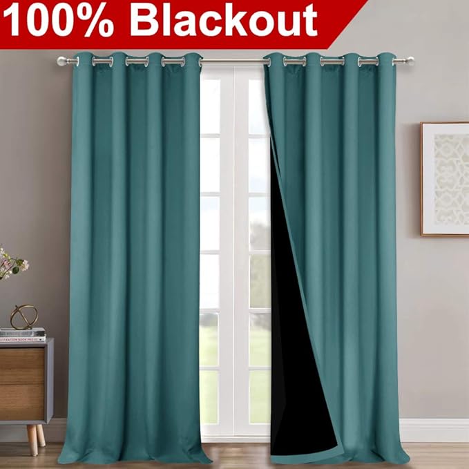 NICETOWN Full Shading Curtains 90" Long 2 Panels Set for Windows, Sea Teal, Pack of 2, 52" W, Super Heavy-Duty Black Lined Blackout Curtains for Bedroom, Privacy Assured Window Treatment