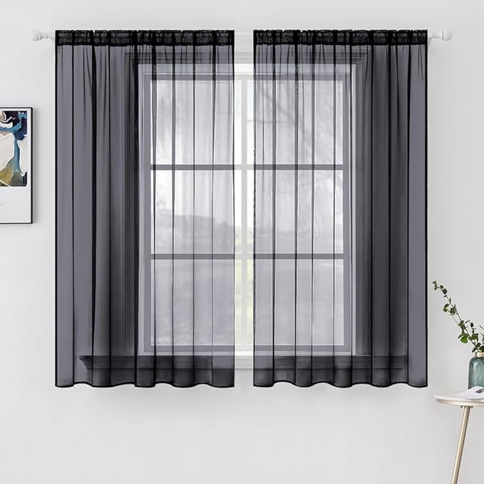 MIULEE 2 Panels Solid Color Sheer Window Curtains Elegant Halloween Window Voile Panels/Drapes/Treatment for Bedroom Living Room (54X54 Inches Black)