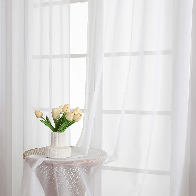 Chyhomenyc White Sheer Valances for Windows - Light Filtering Small Kitchen Curtains, Rod Pocket Short Top Window Treatment Decor for Living Room Bathroom Basement, 42Wx16L inches, 2 Panels