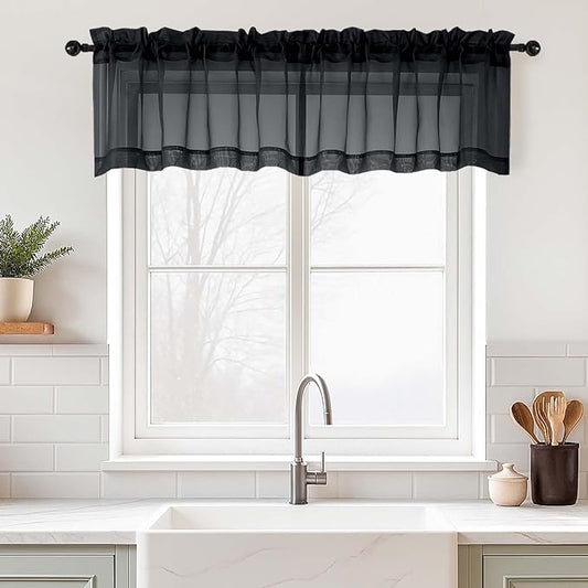 Black Valances for Windows 14 inch Length 2 Panels Set, Small Voile Sheer Curtains for Bathroom, Soft Fabric Lightweight Light Filtering Kitchen Curtains, Dual Rod Pocket, 2x42Wx14L Inches