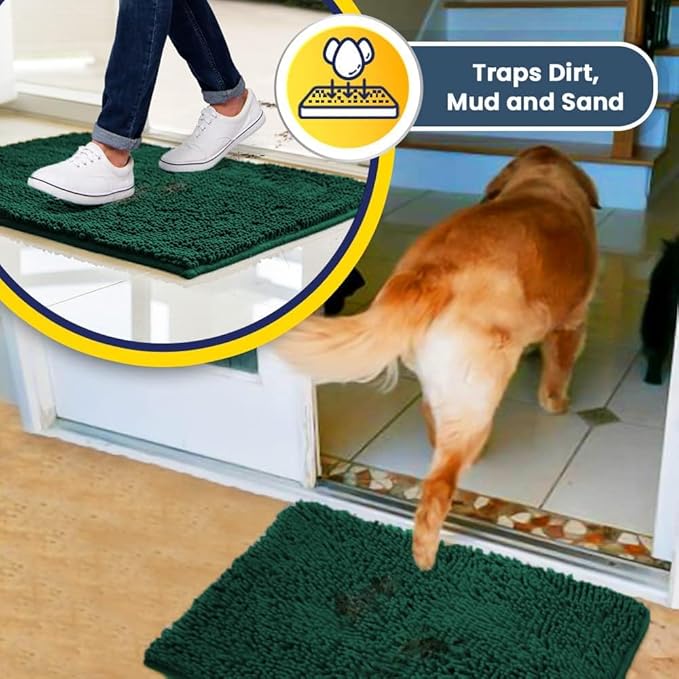 Muddy Mat® | Super Absorbent Door Mat Indoor, Microfiber Quick Dry Chenille Entryway Rug, Non-Slip Front Door Mat, Indoor Mats for Entryway, Machine Washable Pet Rug, Dark Green 24" x 120"