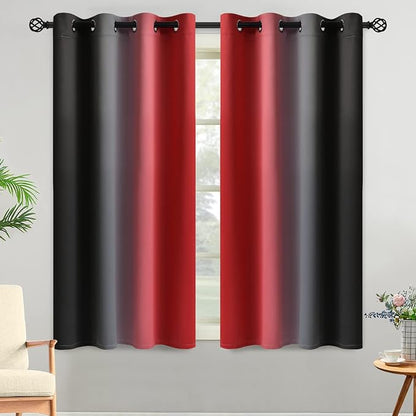 Yakamok Red and Black Blackout Curtains, Ombre Room Darkening Window Curtains for Living Room,Grommet Thermal Insulated Drapes,Light Blocking Curtains for Girls Bedroom,52x54 Inch, 2 Panels