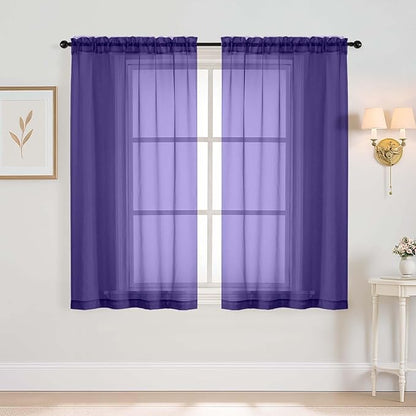 Purple Window Sheer Curtains 54 inch Length, Soft Airy Light Filtering Sheer Curtain 2 Panels Set, Dual Rod Pocket Gauze Purple Drapes for Living Room Bedroom, 2x42Wx54L Inches