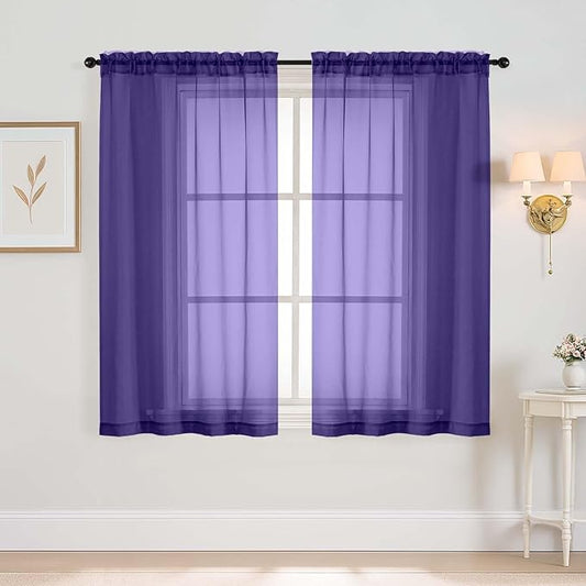 Purple Window Sheer Curtains 54 inch Length, Soft Airy Light Filtering Sheer Curtain 2 Panels Set, Dual Rod Pocket Gauze Purple Drapes for Living Room Bedroom, 2x42Wx54L Inches
