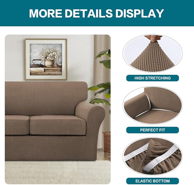 Turquoize 3 Piece Sofa Covers for 2 Cushion Couch Sofa Slipcover Soft Couch Cover for Dogs-Washable Sofa Furniture Cover with 2 Individual Cushion Covers, Thick Jacquard Fabric (Loveseat, Macchiato)