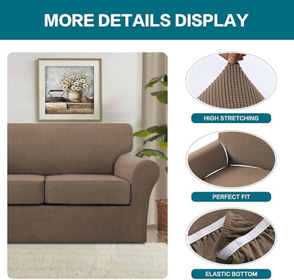 Turquoize 3 Piece Sofa Covers for 2 Cushion Couch Sofa Slipcover Soft Couch Cover for Dogs-Washable Sofa Furniture Cover with 2 Individual Cushion Covers, Thick Jacquard Fabric (Loveseat, Macchiato)