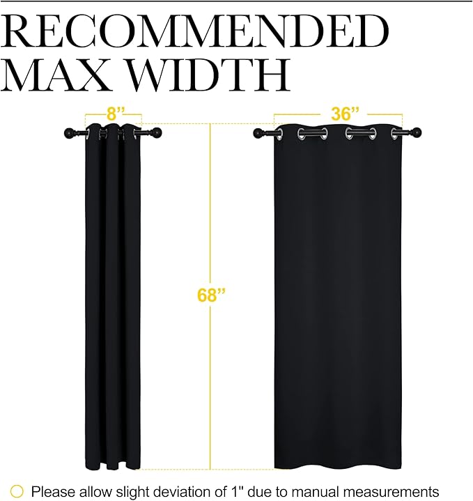 NICETOWN Bathroom Blackout Thermal Curtains and Drapes, Black Solid Thermal Insulated Grommet Blackout Drapery Panels for Window (2 Panels, 42 inches Wide by 68 inches Long, Black)