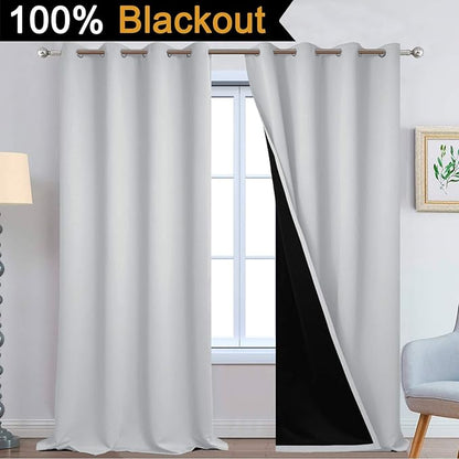 Yakamok 100% Blackout Curtains 108 Inches Long, 2 Thick Layers Thermal Insulated Curtain Panels for Bedroom, Full Light Blocking Drapes with Black Liner (52" Wide Each Panel, Light Grey, 2 Panels)