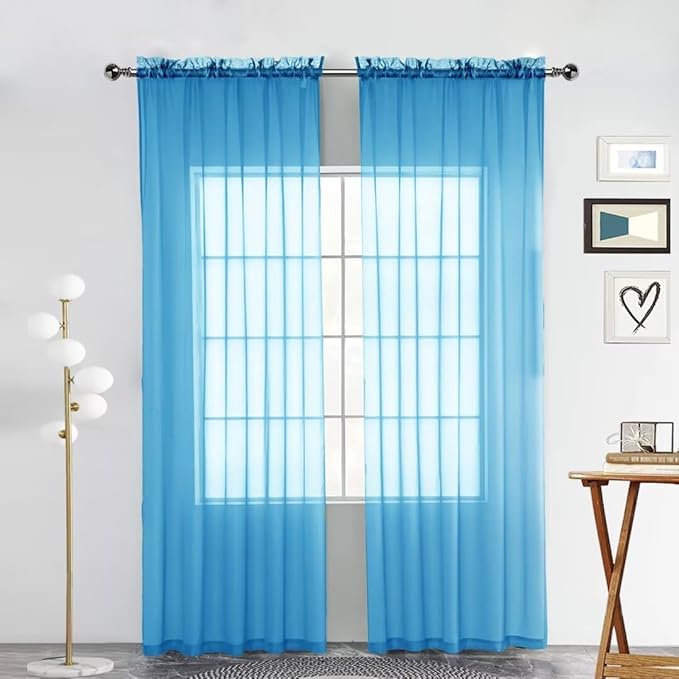 SpaceDresser Basic Rod Pocket Sheer Voile Window Curtain Panels Cyan Blue 1 Pair 2 Panels 52 Width 96 Inch Long for Kitchen Bedroom Children Living Room Yard(Cyan Blue,52 W x 96 L)