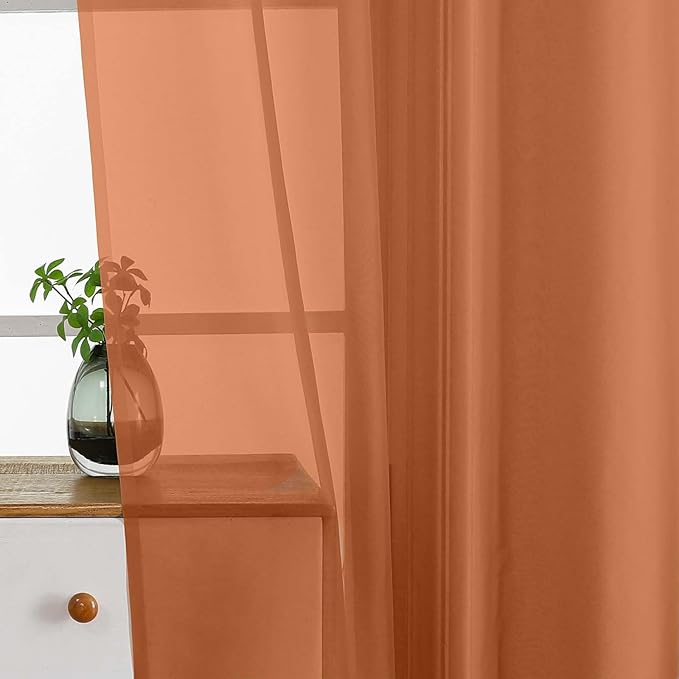 Orange Window Sheer Curtains 45 Inches Length, Voile Short Curtains for Living Room Bedroom, Modern Soft Window Drapes 2 Panels Set, Top Dual Rod Pocket Design, 2x42Wx45L Inches