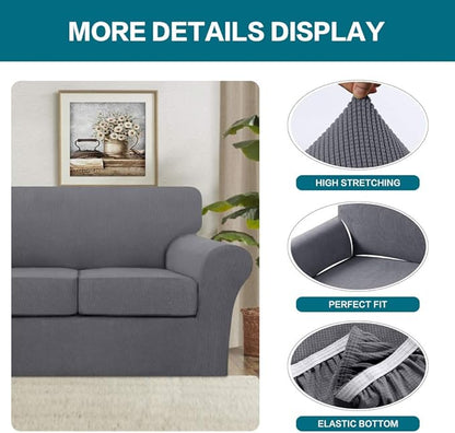 Turquoize 3 Piece Sofa Covers for 2 Cushion Couch Sofa Slipcover Soft Couch Cover for Dogs-Washable Sofa Furniture Covers with 2 Individual Cushion Covers, Thick Jacquard Fabric (Loveseat, Gray)
