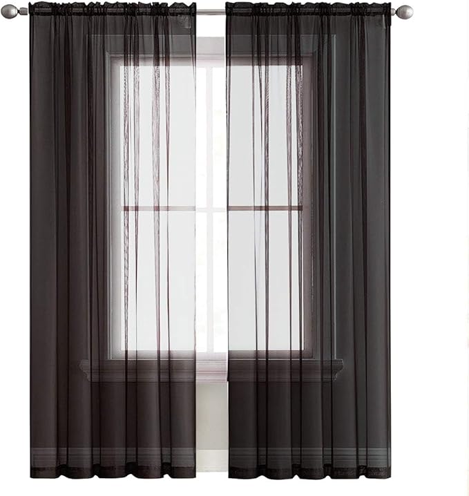 SpaceDresser Basic Rod Pocket Sheer Voile Window Curtain Panels White 1 Pair 2 Panels 60 Width 84 Inch Long for Kitchen Bedroom Children Living Room Yard(Black,60 W x 84 L)
