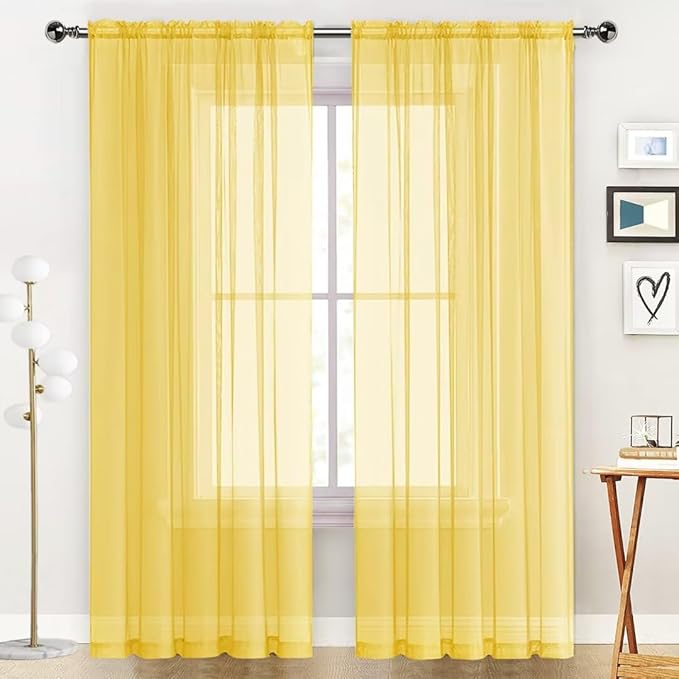 SpaceDresser Sheer Voile Window Treatment Rod Pocket Curtain Panels for Kitchen Bedroom Living Room Drapes Sunlight Filtering Privacy Semi Home Decor Assorted Colors Sizes (Yellow, 52 W x 96 L)
