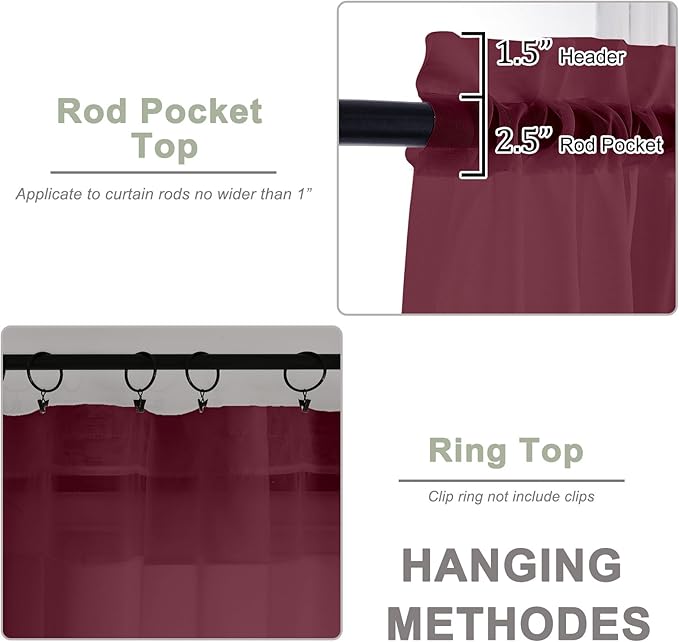 OWENIE Sheer Curtains 2 Panels Set for Bedroom Living Room, Soft Solid Rod Pocket Light Filtering Window Treatment, 2Pcs Each 59" W x 96" L, Burgundy Wine