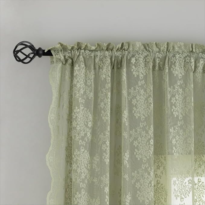 YJ YANJUN Vintage Lace Curtains 45 Inch Length-Victorian Floral Pattern Sage Green Sheer Curtain Panels for Living Room Bedroom,Light Filtering Spring Summer Cottage Core Drapes 2 Panels 52W x 45L