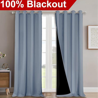 NICETOWN 100% Blackout Curtains for Windows, Pack of 2, Vintage Blue, 52" W x 102" L, Super Heavy-Duty Black Lined Total Darkness Drapes for Bedroom, Privacy Assured Window Treatment for Patio