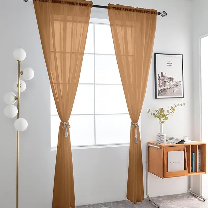 SpaceDresser Basic Rod Pocket Sheer Voile Window Curtain Panels Light Brown 1 Pair 2 Panels 52 Width 72 Inch Long for Kitchen Bedroom Children Living Room Yard（Light Brown, 52W x 72L）