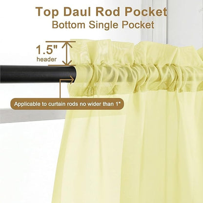 Chyhomenyc Sheer Valances for Windows - Light Filtering Small Window Curtains for Living Room Bathroom Cafe Laundry Basement, Modern Dual Rod Pocket Voile Curtain, 42Wx14L inches, Light Yellow, 2 PCS