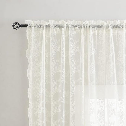 YJ YANJUN Vintage Lace Curtains 120 Inches Long-Antique Floral Ivory Privacy High Ceiling Sheer Curtain Panels for Dining Room, Patio Door, Large Windows - Rod Pocket 52x120 10 FT Tall Cream