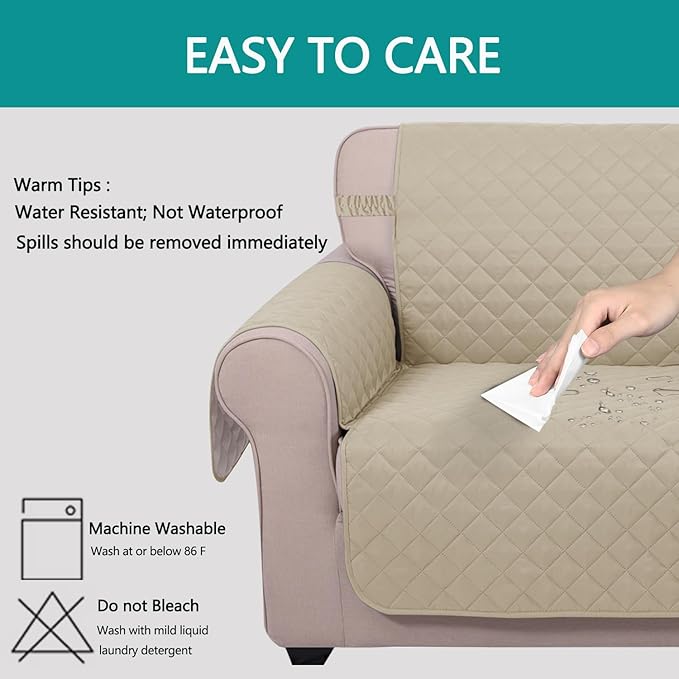 U-NICE HOME Recliner Chair Covers Reversible Chair Cover Pet Covers for Dogs with Elastic Straps Water Resistant Diamond Quilted (28''Recliner Oversized, Sand/Beige)