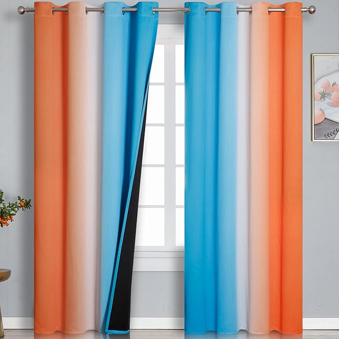 Thermal Insulated Blue and Orange Curtains for Living Room, Complete Light Blocking Ombre Blackout Curtains for Bedroom, Full Room Darkening Gradient Grommet Drapes for Boy Room, 52x84 Inch, 2 Panels