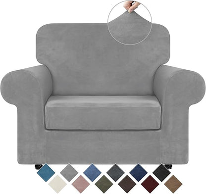 WEERRW Velvet Stretch Chair Sofa Slipcover - 2 Pieces Luxury Soft Velvet Plush Couch Cover Furniture Protector with Elastic Bottom for Pets, Machine Washable, Silver, Small
