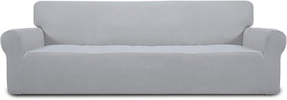 Easy-Going Stretch 4 Seater Sofa Slipcover 1-Piece Sofa Cover Furniture Protector Couch Soft with Elastic Bottom for Kids, Polyester Spandex Jacquard Fabric Small Checks Silver Gray