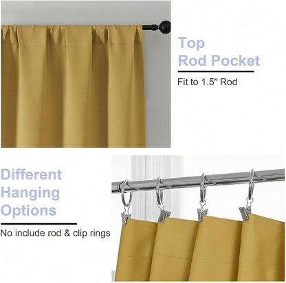 Simplebrand Ava Bright Gold Blackout Curtains for Bedroom 72 Inch Length 2 Panels Set, Privacy Thermal Insulated Rod Pocket Door Window Curtains for Patio French Door Front Door, W40 x L72 Inch