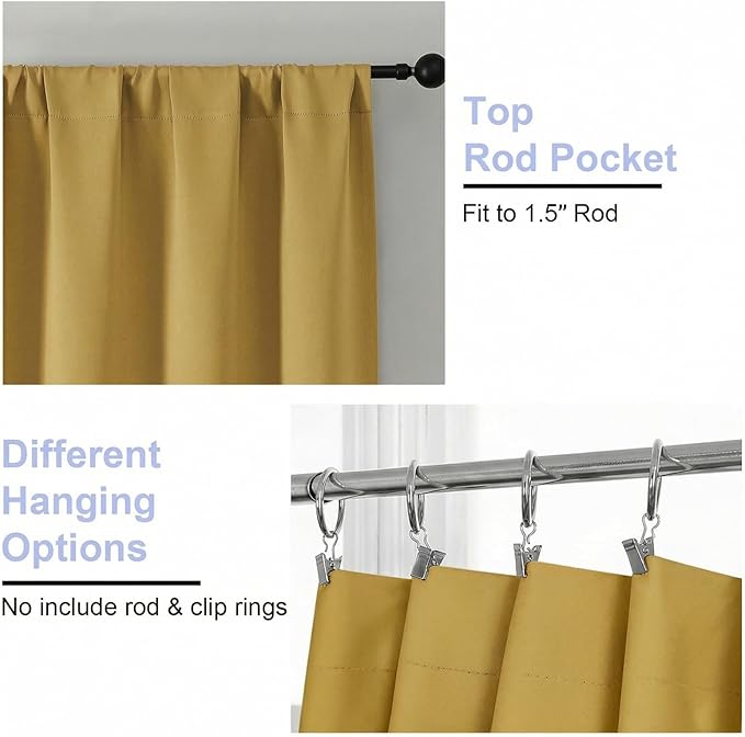 Simplebrand Ava Blackout Curtains for Patio 108 Inches Long 2 Panels Set, Solid Thermal Insulated Room Darkening Rod Pocket Window Treatment Curtains Blackout Drapes, W50 x L108 Inch, Bright Gold