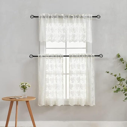 YJ YANJUN Vintage Lace Curtains Short 2 Panels Victorian Floral Farmhouse Cafe 30 inch Curtains for Basement, Kitchen, Bathroom, Laundry Room Small Window Privacy Rod Pocket 26" x 30" Cream
