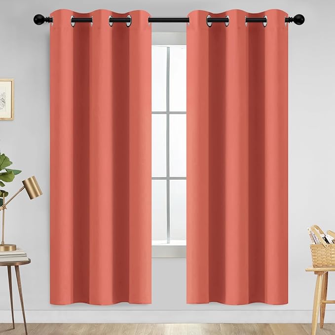Yakamok Thermal Curtains Blackout Curtain Panels, Room Darkening Solid Grommet Top Window Drapes for Dedroom, 42x72 inch, Coral Orange, 2 Panels
