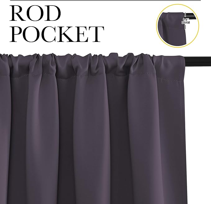 NICETOWN Blackout Curtains for Living Curtains, Greyish Purple, 1 Pair, 34-inch W x 72-inch L, Home Decorations Thermal Insulated Solid Pole Top Blackout Drapes for Living Room