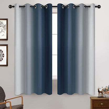 Yakamok Room Darkening Ombre Curtains 63 Inch Length, Navy Blue and Greyish White Thermal Insulated Gradient Color Curtains,Light Blocking Grommet Window Drapes for Bedroom,52 Inch Width,2 Panels