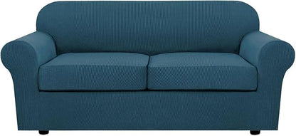 H.VERSAILTEX 3 Piece Stretch Sofa Covers for 2 Cushion Sofa Couch Covers for Living Room Sofa Slipcovers (Base Cover Plus 2 Seat Cushion Covers) Thicker Jacquard Fabric(Large Sofa, Deep Teal)